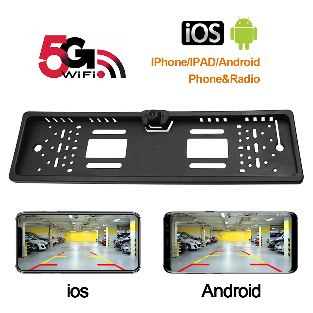 Carsanbo HD 720P Car Wireless Rear View Camera European License Plate Holder 5G WiFi EU Parking Backup Camera Rotatable Lens 70°