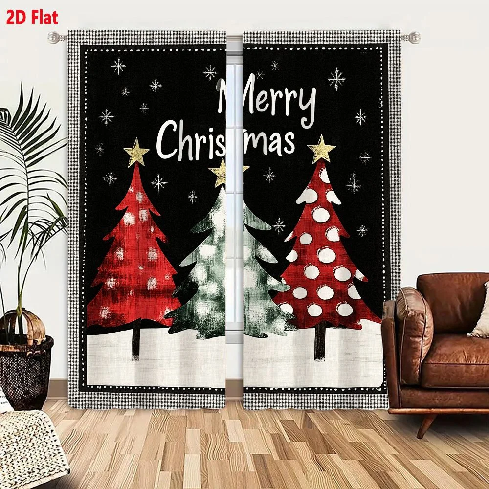 2Pcs Curtains 2D Flat Merry Christmas Greeting Card With Three Rustic Folk Art Trees On Black Background Window Drapes for Bedro
