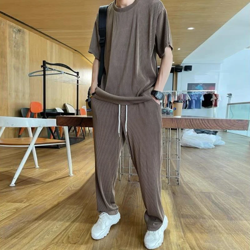 Folded Ice Silk Sports Set Men's Summer Thin Casual Trendy Short Sleeve Long Pants Handsome 12 Pieces Youth T-Shirt Long Pants view 5