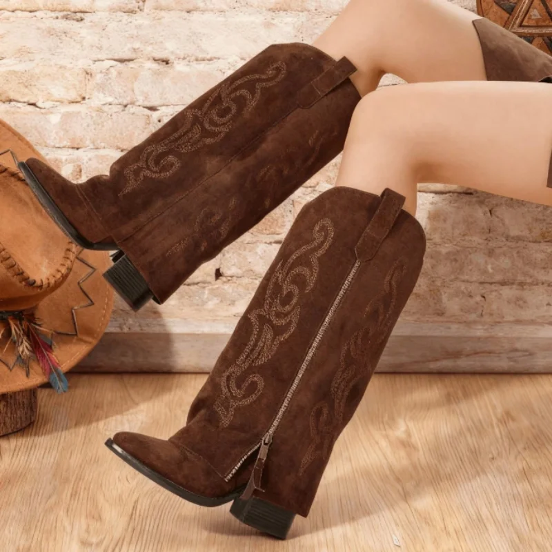 

Women's Cowboy Boots Wide Calf Side Zipper Pointed Toe Pull On Boots Western Country Classic Embroidery Retro Flower Fashion Summer Country Concert Boots For Women