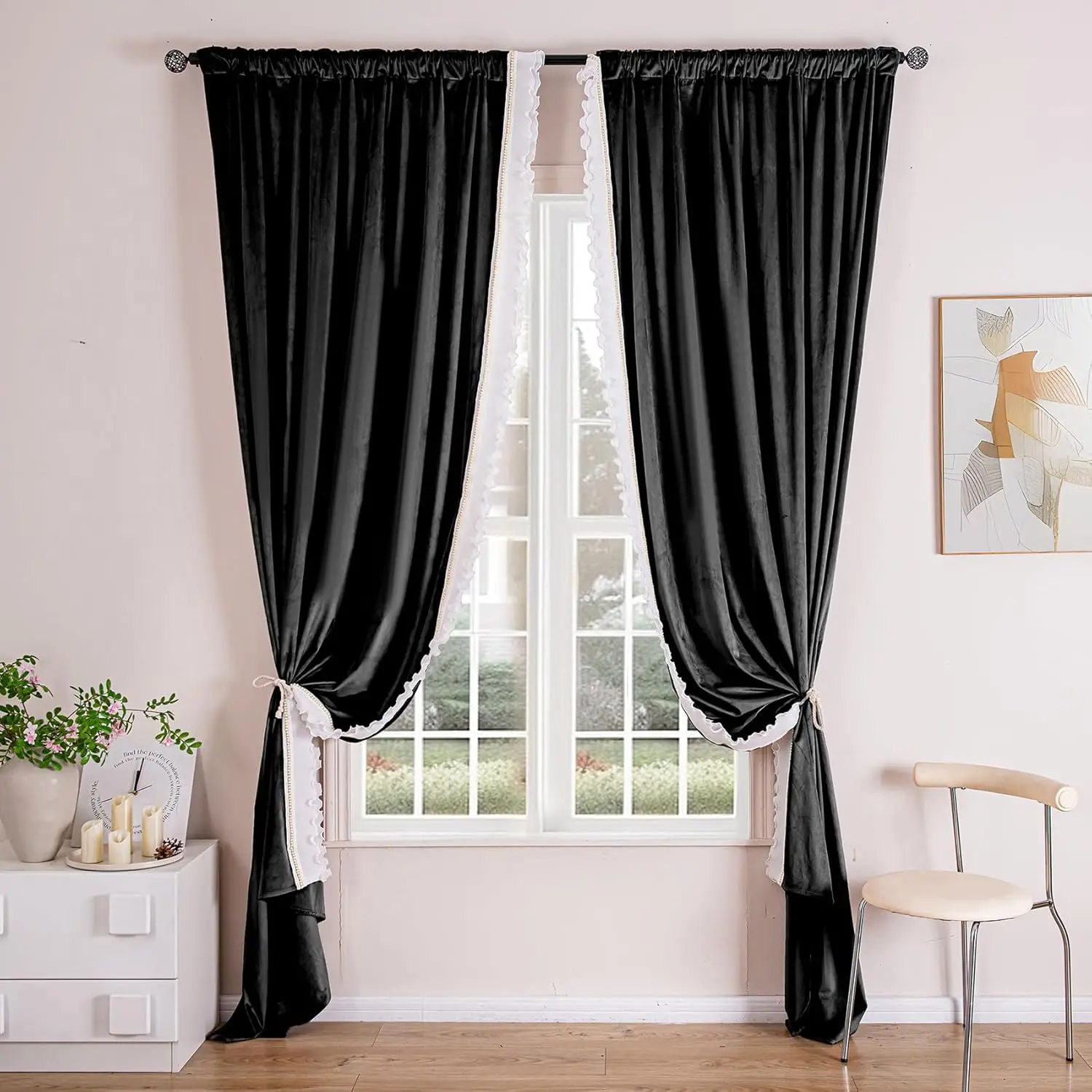 

Black Velvet Curtains With Romantic Lace Trim For Living Room, Room Darkening Luxury Window Curtains 84 Inches Long, Rod Pocket