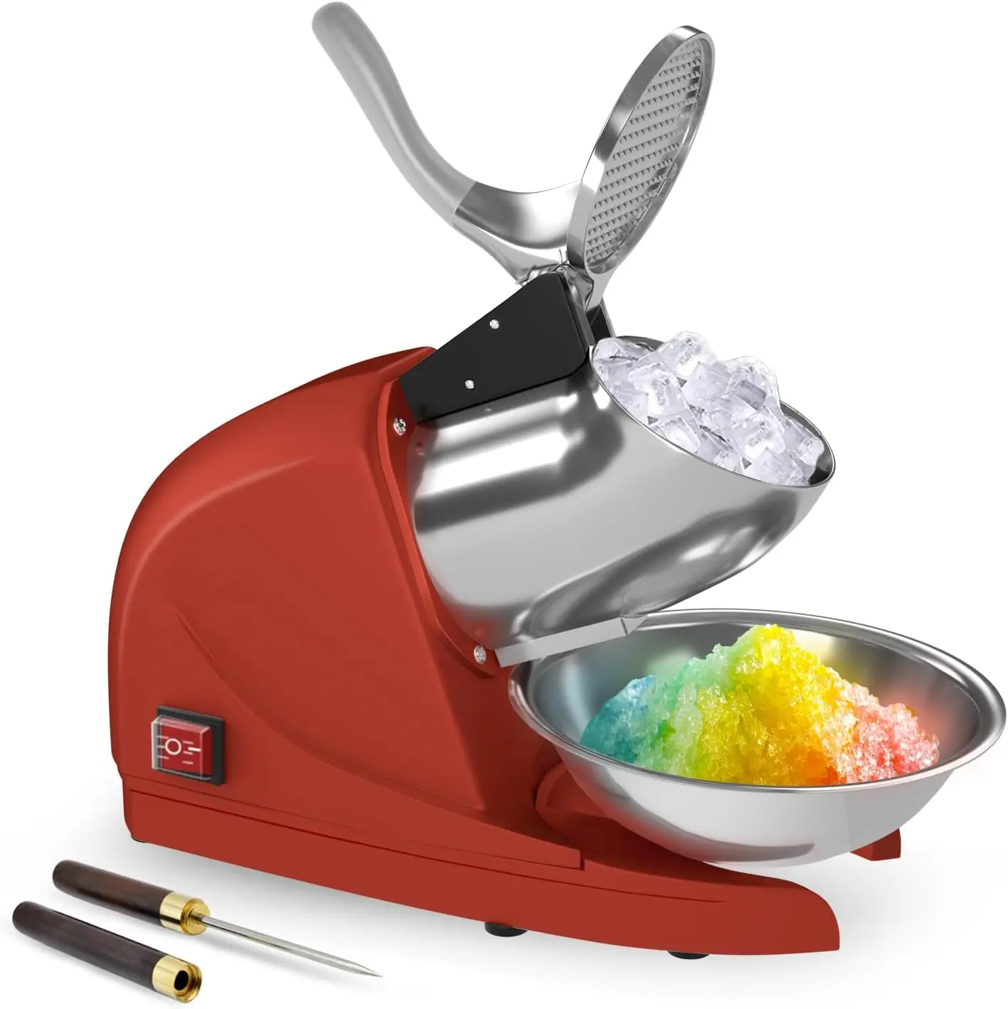 Electric Shaved Ice Machine 380W Snow Cone Maker with 3 Stainless Steel Blades, Ice Shaver Crusher 280 lbs/hr for Home and Commercial Use, Includes Ice Pick, Red
