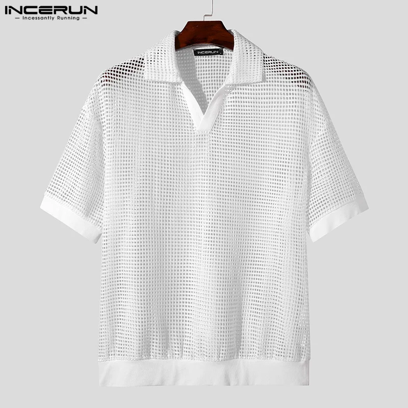 INCERUN Tops 2024 Sexy Fashion Men's Mesh Hollow Out Design Shirts Casual Simple Male All-match Half Sleeved Lapel Blouse S-5XL