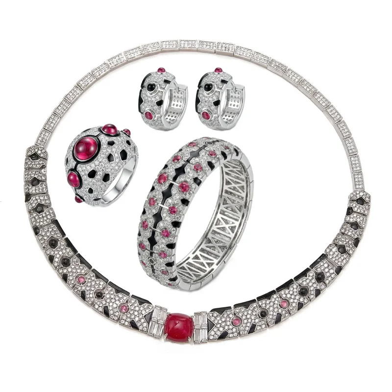 

Vintage Style Ring Earrings Bracelet Necklace Women Inlay Cubic Zircon Turquoise Black Enamel Leopard Print Party Jewelry Sets
