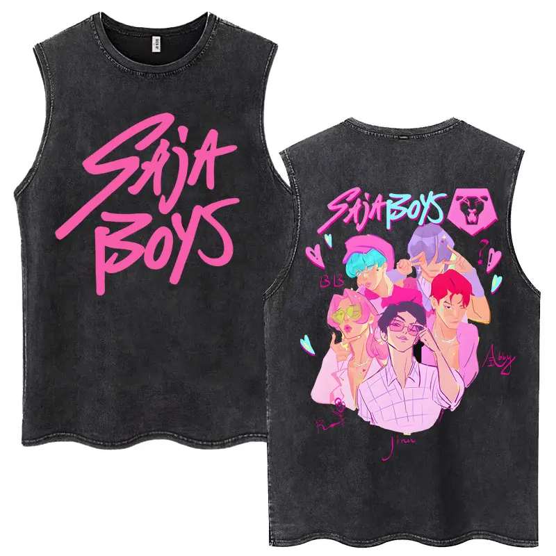 

K-Pop Anime Demon Hunters Saja Boys Washed Tank Tops Men Women Fashion Summer Sleeveless T Shirt Loose Cotton Casual Tee Shirts