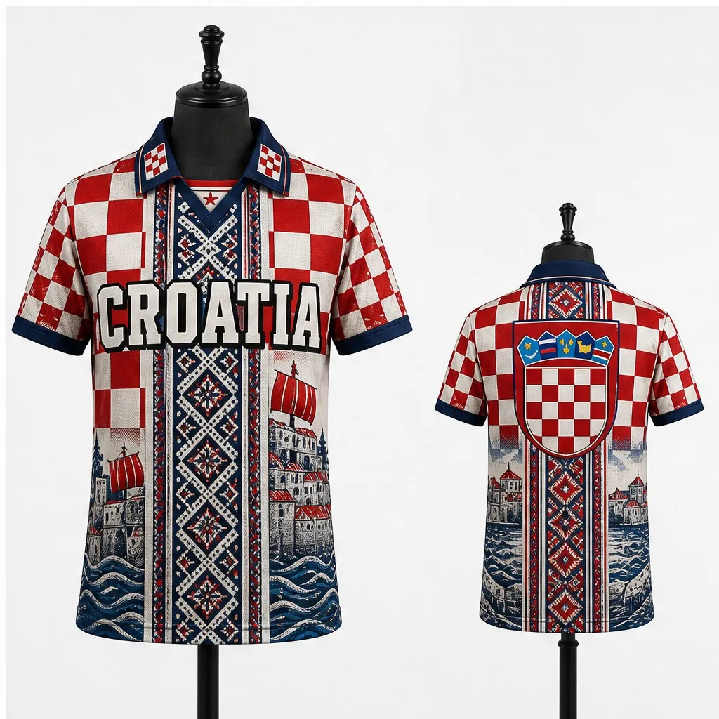 Mens Croatia Coastal Town Checker Graphic Semi Polo V Neck T Shirt Short Sleeve Casual Heritage Jersey Top Daily Wear Street Fit