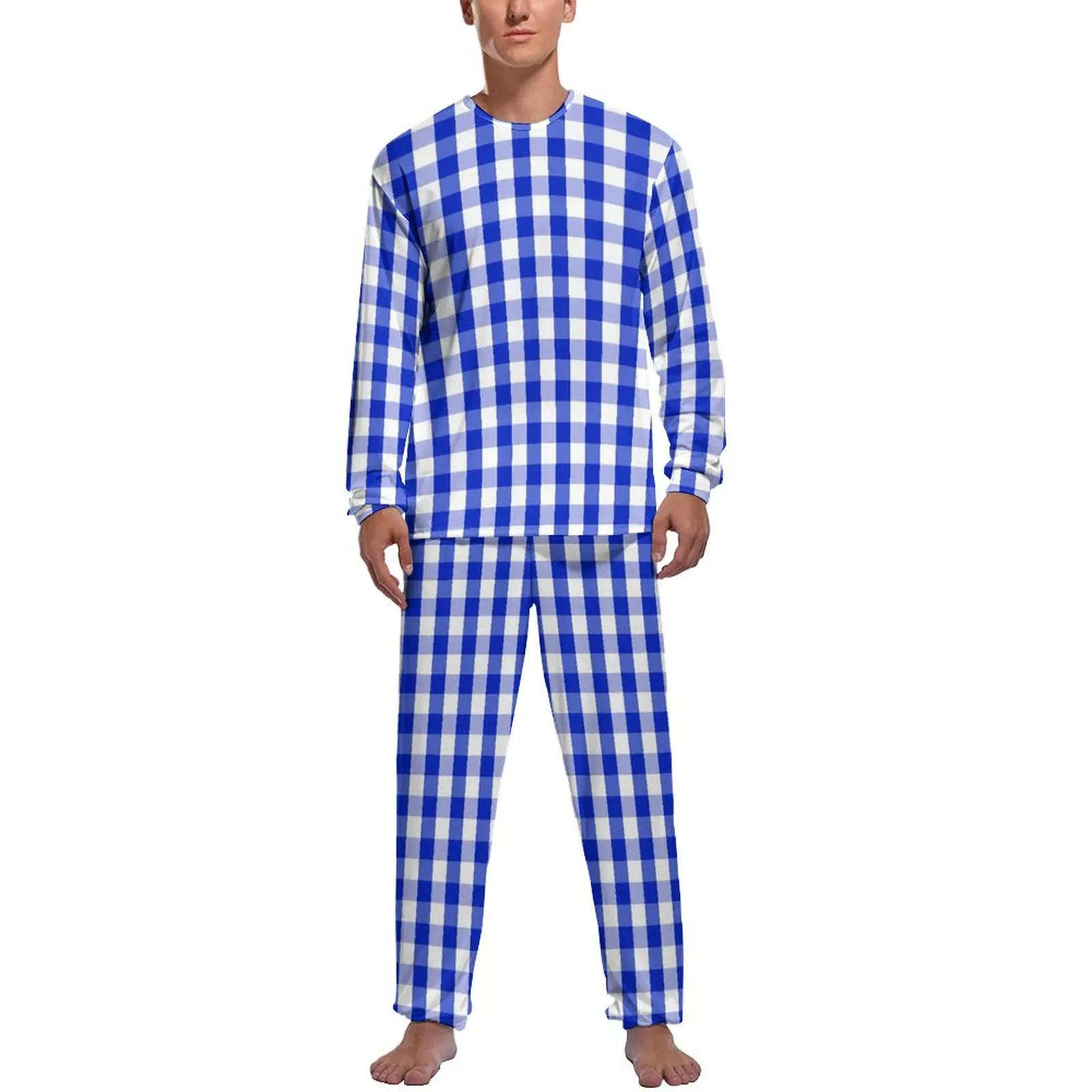 Blue And White Gingham Pajamas Man Check Plaid Squared Fashion Sleepwear Autumn Long Sleeve 2 Pieces Bedroom Pattern Pajama Sets