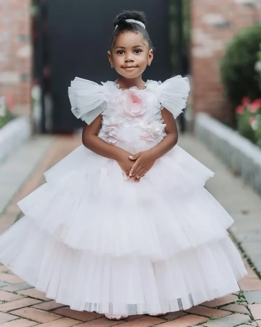 White Simple Flower Girl Dress Wedding Dresses Ball Gown Tulle Hand Made Flowers Vintage Little Baby Girl Peageant Dress