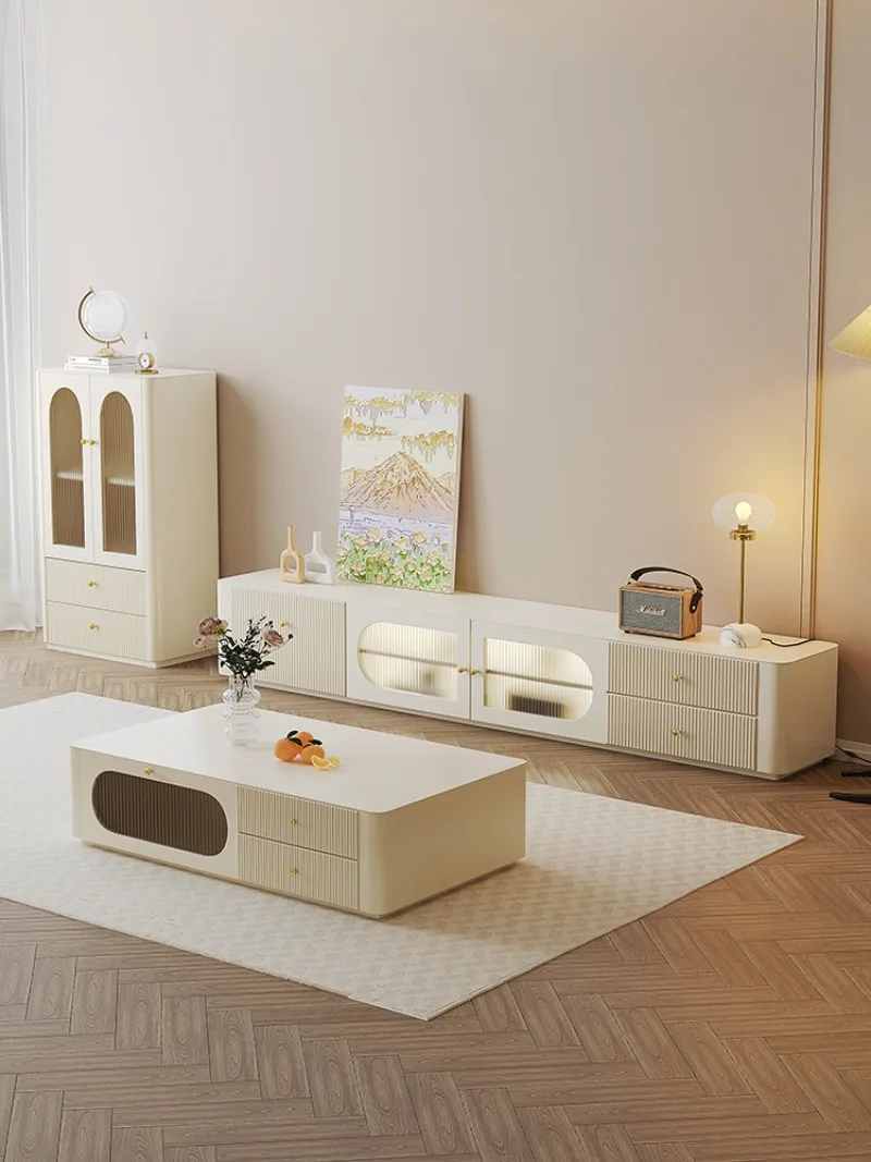 طاولة قهوة تلفزيون كريمية الرياح مزيج بسيط وحديث من الخشب الصلب الفرنسي والحليب الأبيض وخزانة تلفزيون على الأرض #3