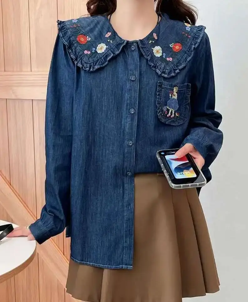 Elegant and youth woman blouses women autumn Korean y2k fashion cartoon embroider denim shirts blouses jean tops mori girl tops