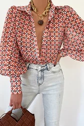 Casual Lantern Sleeve Print Shirt Blouse Women Fashion Spring Summer Button Shirts For Women 2024 Boho Beach Shirt And Tops