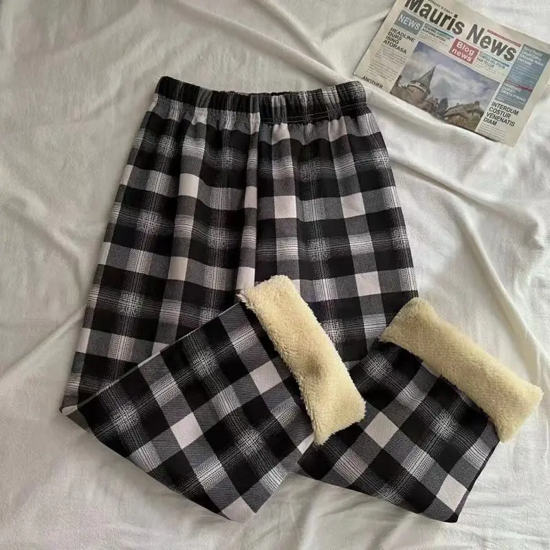 Fashion Warm Plush Pants Lamb Fleece Thick Plaid Women Winter Casual Loose Wide Leg Trousers Korean Streetwear Straight Student