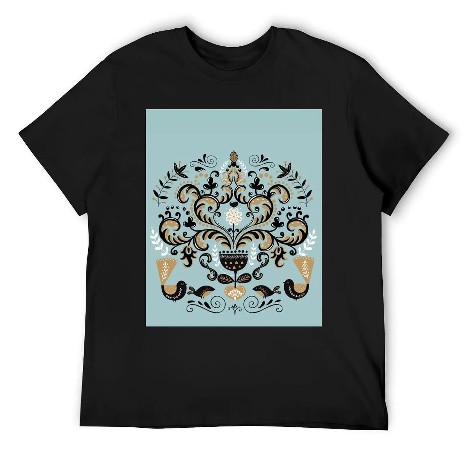 Scandinavian Floral Decoration With Birds T-Shirt blue archive man t shirt mens t shirts