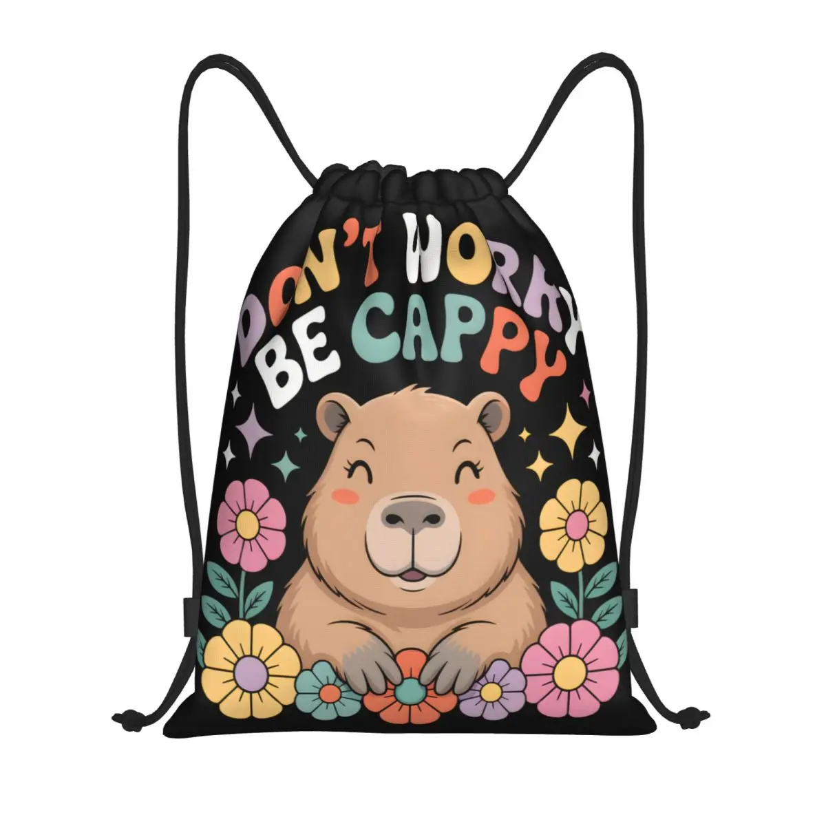 

Custom Don't Worry Be Cappy Capybara Drawstring Backpack Sports Gym Bag for Men Women Shopping Sackpack