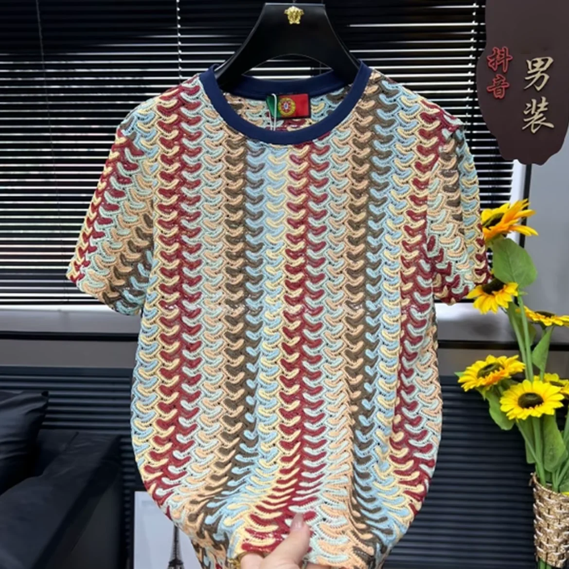 

Kint t-Shirt For Men Vintage Loose Short Sleeve Colorful Tops New Fashion Hollow Out knitting Color Blocked Tshirts