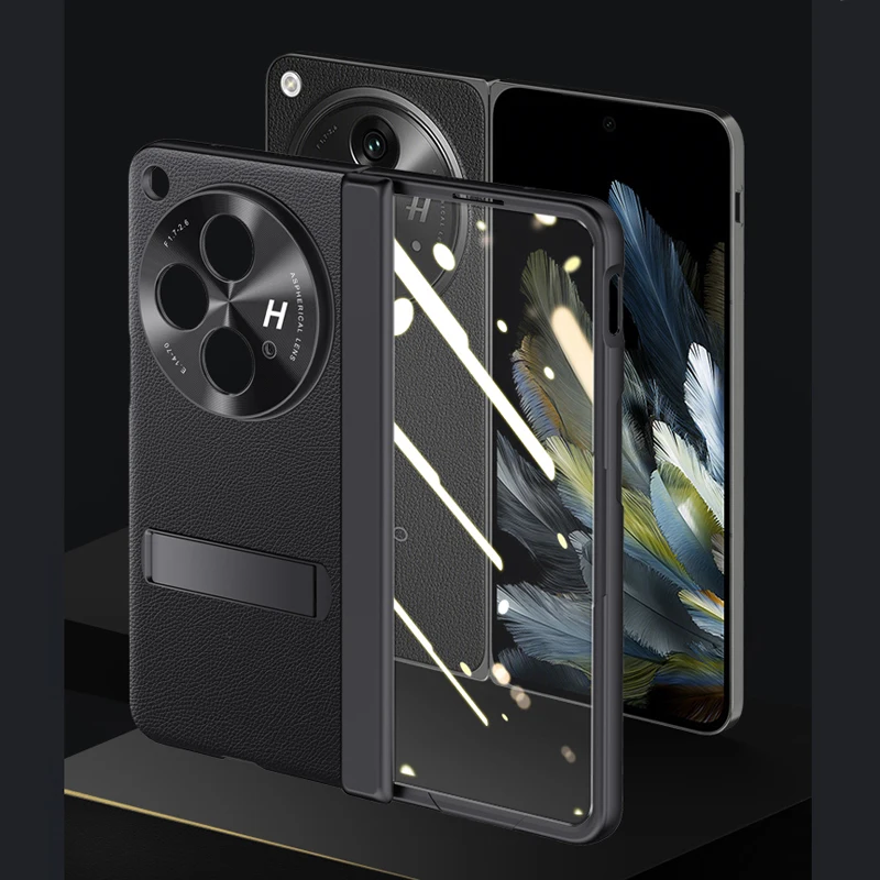 For OPPO Find N3 Case PU Leather Hinge Kickstand + Tempered Glass Folding Lens Protection Cover For OnePlus Open