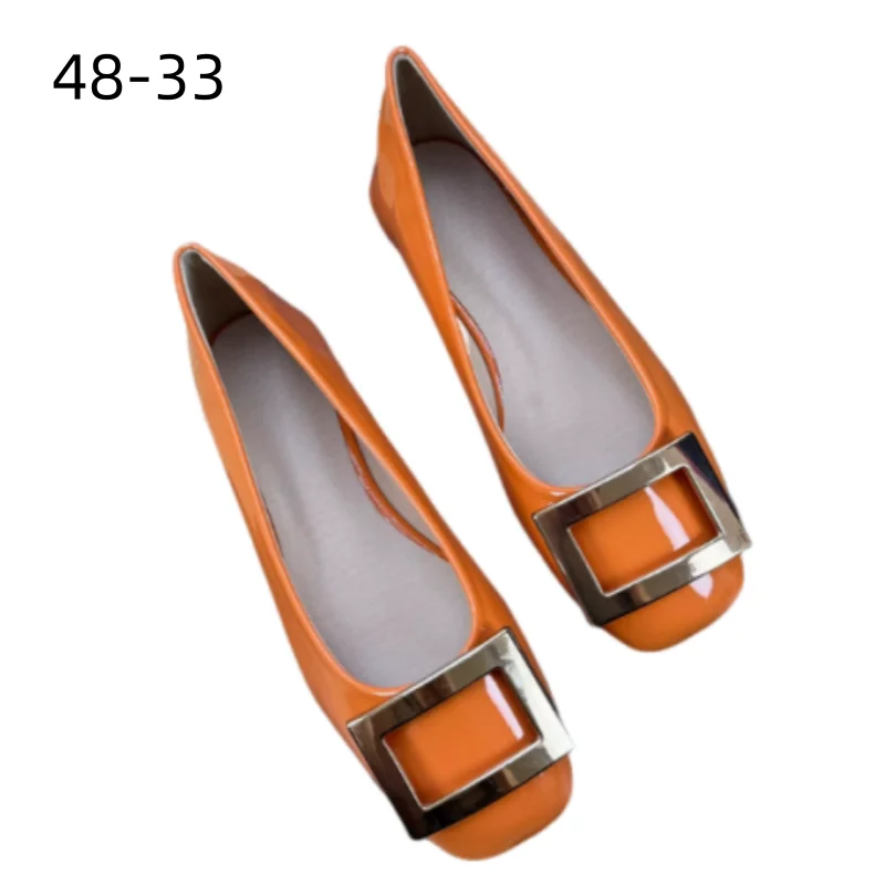 Women 2025 New Arrivals Flats Square Toe Soft Shoes With Gold Metal Buckle Wide Fits 48 47 3 Slip-On Orange Green Shiny Leather