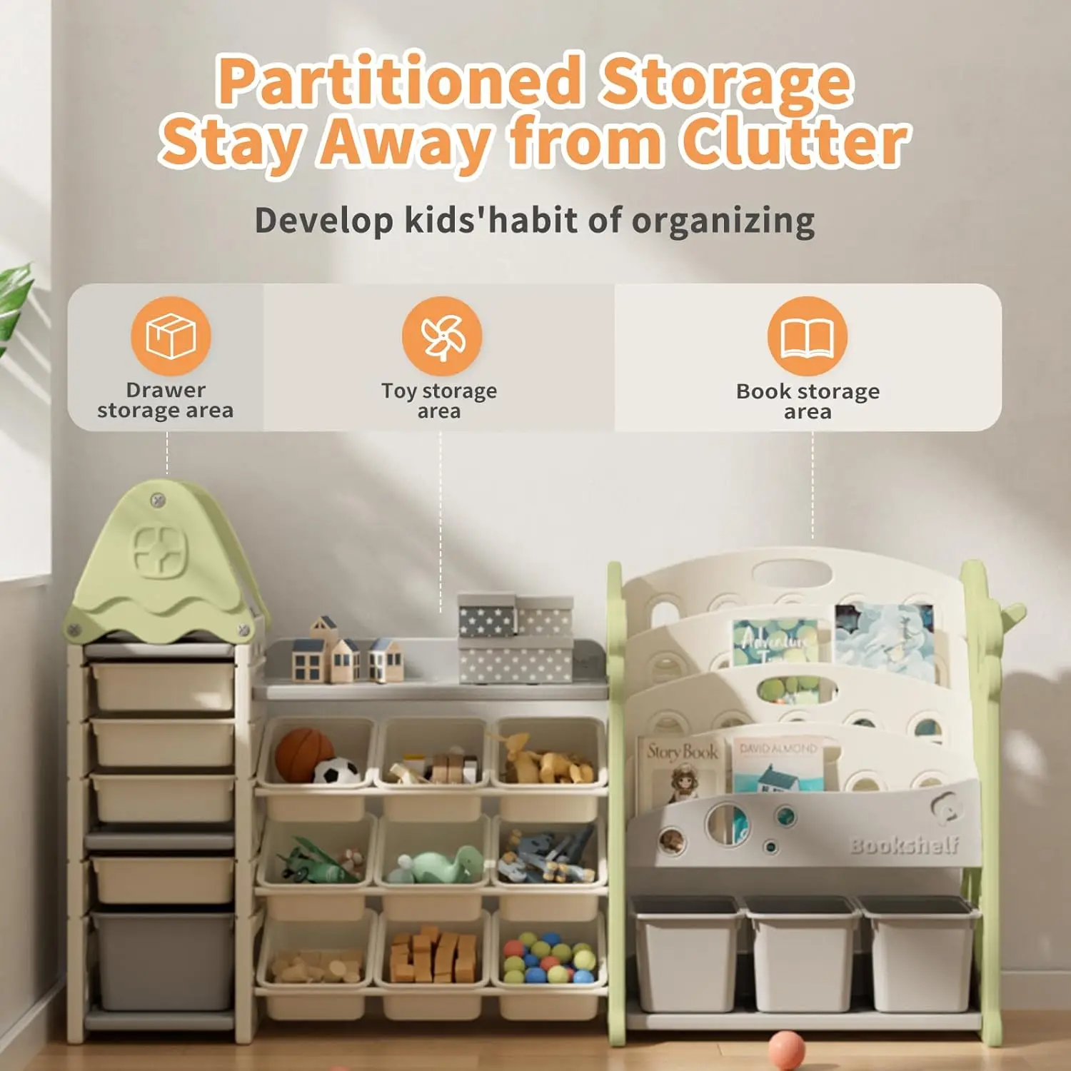 어린이 장난감 정리함, 17개의 수납함, 4단 캐슬형 수납장, 놀이방용, 그린