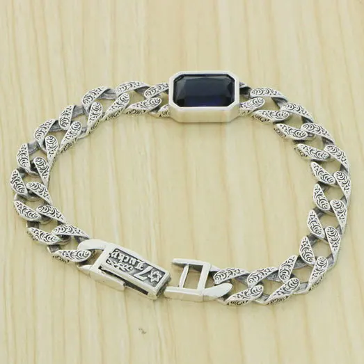 S925 Sterling Silver Men's Sapphire Bracelet Tengtang Grass Pattern Punk Couple Fashion Hip Hop Handsome Silver Jewelry