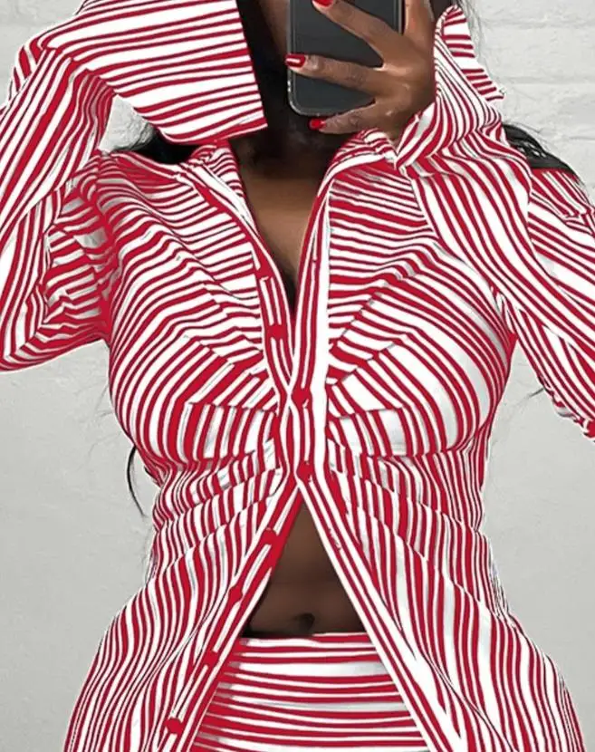 Women's 2PCS Casual Fashion Striped Print Turn-down Collar Ruched Button Long Sleeve Shirt Top and Slim Fit Mini Skirts Set