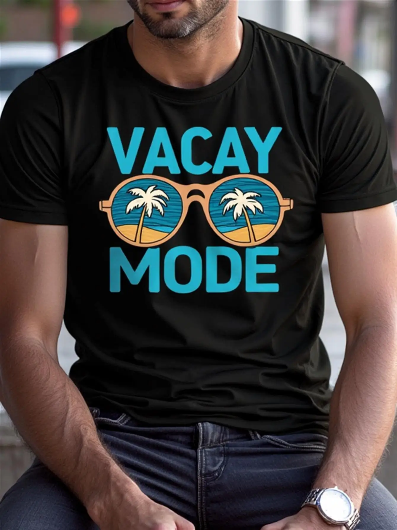 

Men's Tropical Vacation Pattern T-Shirt in Turquoise with Vacay Mode Print and Palm Tree Fashion Glasses Design, 100% Cotton, Loose Short-Sleeve Top Suitable for Beach Outfits, Casual Summer Wear, and Holiday Attire