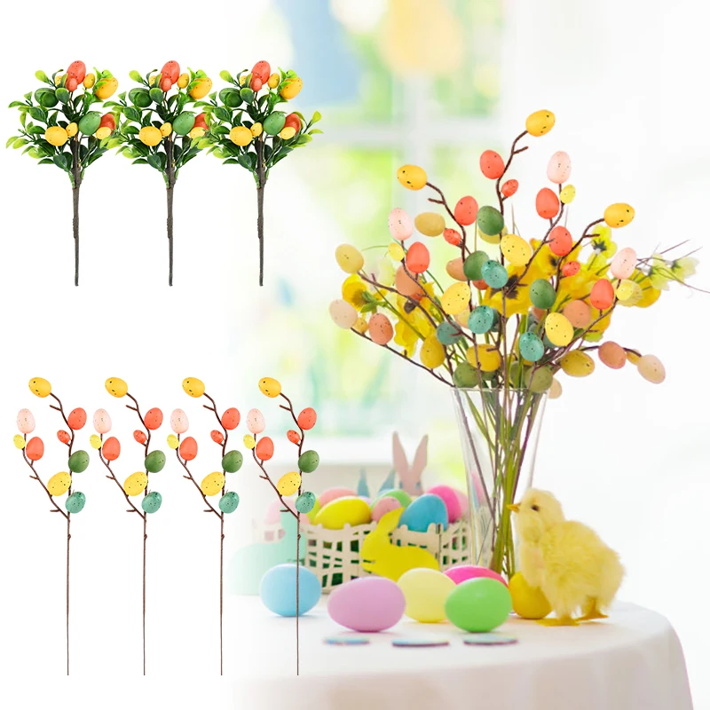 1pcs Easter Colorful Egg Tree Branches Foam Egg Plastic Branches with Leaves Easter Artificial Flower Tabletop Decor Home Supply