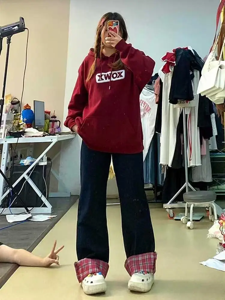 High Waist Wide Leg Plaid Straight Jeans Women's Spring Autumn New Style Elastic Cuffed Loose Slimming Long Pants