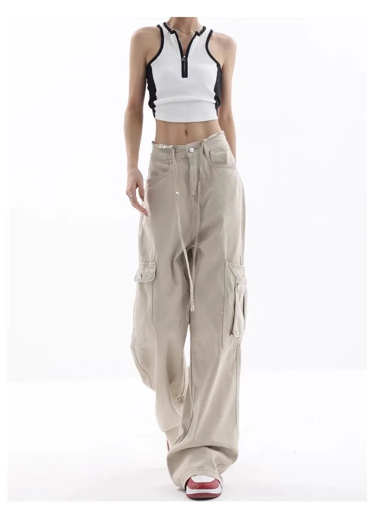 

Khaki Cargo Pants Harajuku Vintage High Waist Loose Pockets Jeans Pants Streetwear Women's Y2K Wide Leg Baggy Trouser