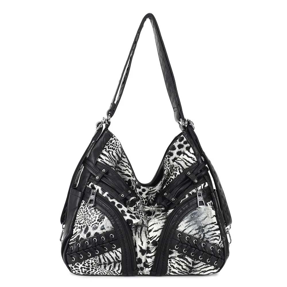 Venn Angel Women's Bag Punk Fashion Black White Leopard Shoulder Bag Large Capacity HandbagSoft Hobo Tote with Rivet Decor