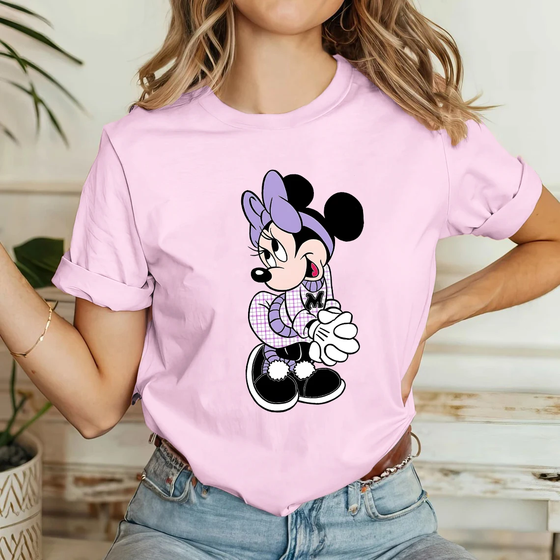 

Miniso Disney Mickey Minnie Mouse kawaii Short sleeve T-shirt Comfortable Stylish elegant Top Home Party Camping Pink shirt
