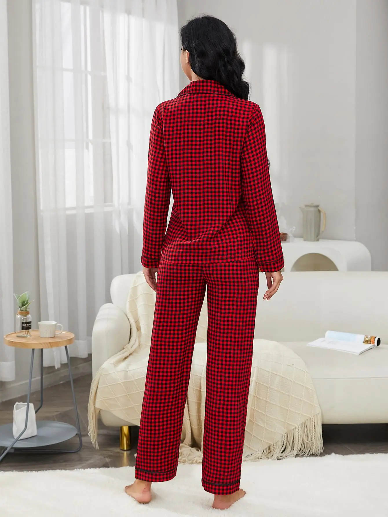 Long Sleeves Women\'s Pajamas Sets Notched Collar Front Button Top & Plaid Long Pants 2 Pieces Sleepwear Homewear Nightwear Suit