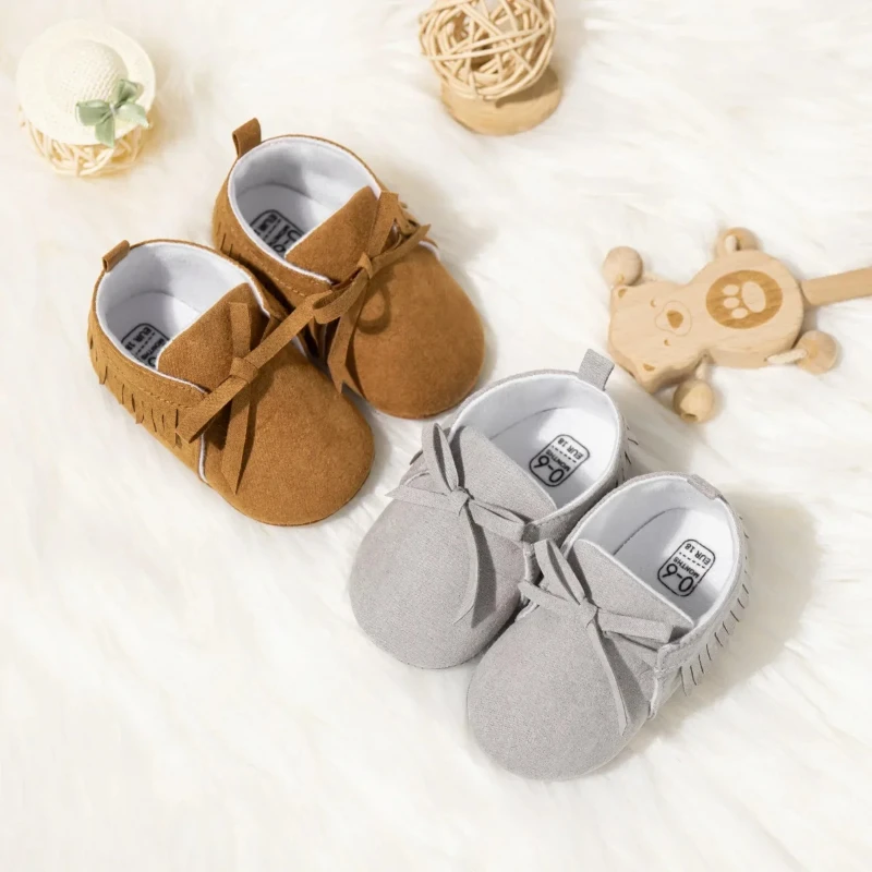2025 Newborn Baby Infant Boy Girl Classical Lace-up Tassels Suede Soft Anti-slip Toddler Crib Crawl Shoes Kids Fashion Shoes