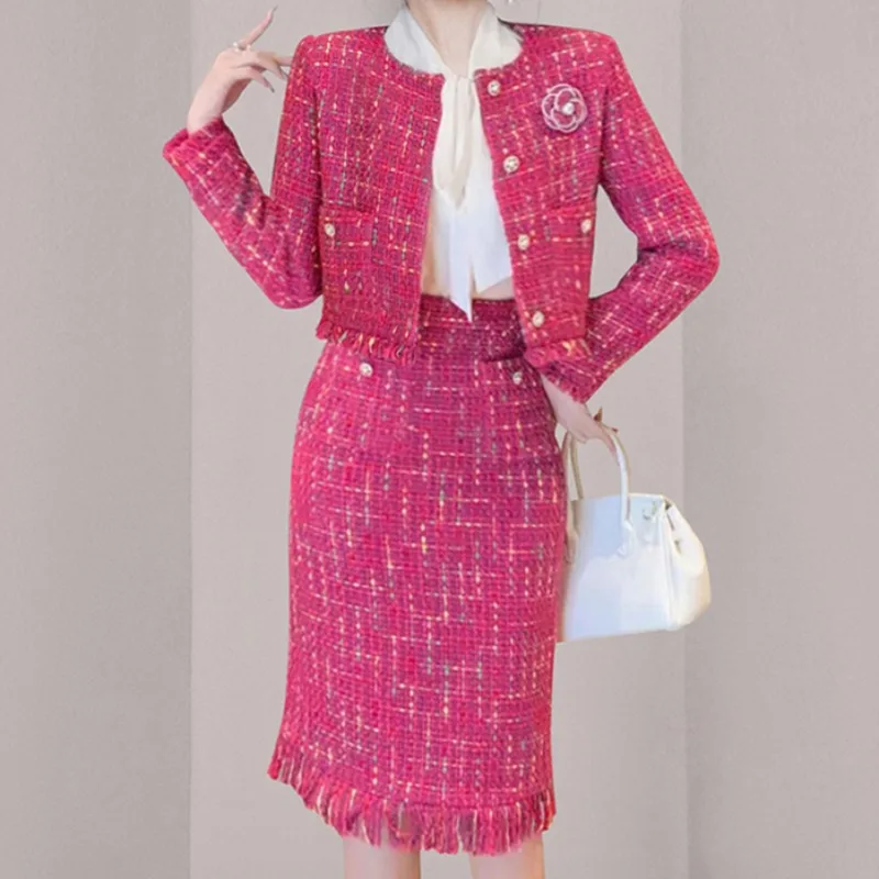 

Rose Red Elegant Tweed Jacket and Skirts Women with Floral Korean Chic Two Piece Sets Women Holiday Party Streetwear Skirt Sets