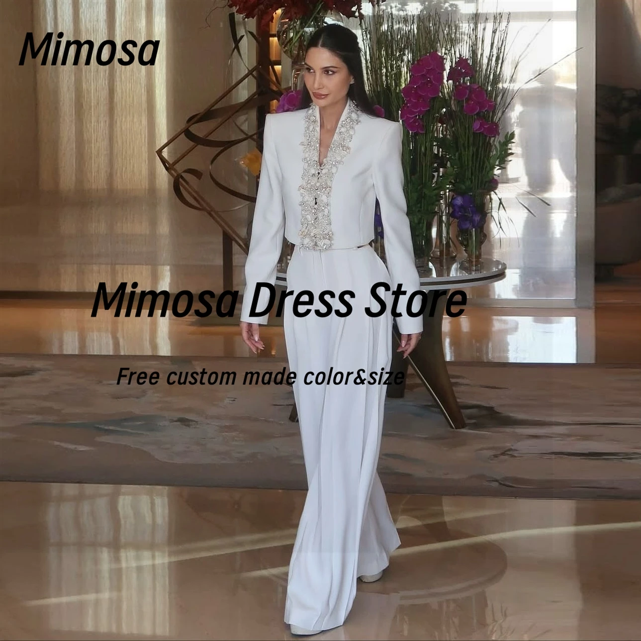 

Mimosa Two Pieces Style Women's Evening Party Dress V Neck Beaded Prom Dresses Long Sleeves Pant Suits Formal Gowns Customized