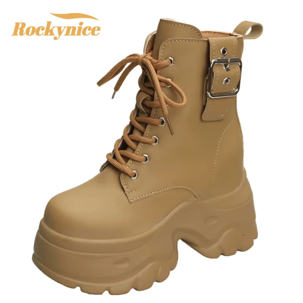 

Новые осенние ботильоны на платформе 9 см, женские зимние кожаные нескользящие туфли на высоком каблуке на толстой подошве в стиле панк, женские мотоциклетные ботинки на массивном каблуке