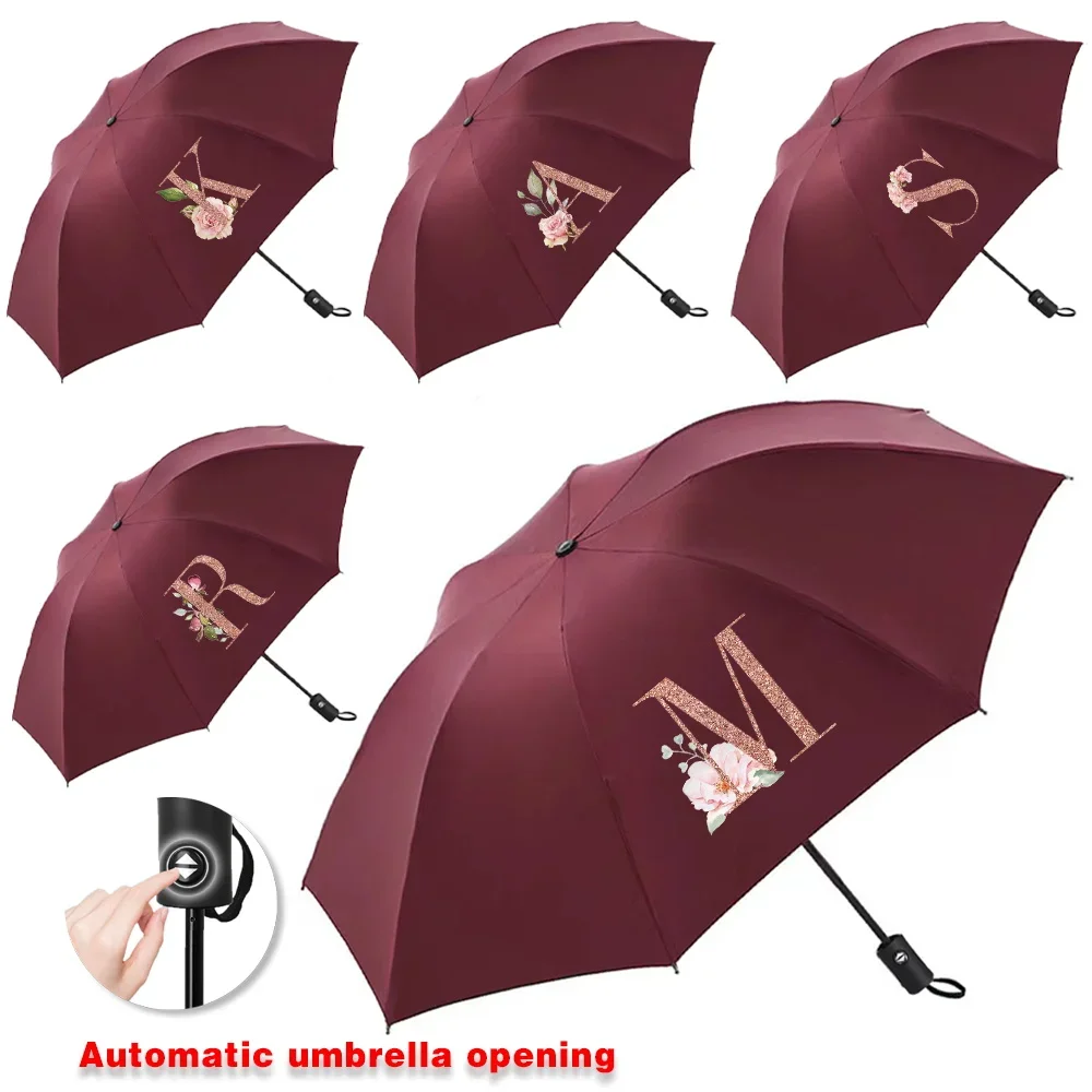 

Automatic Umbrellas Sunshine Rainy Windproof Strong Umbrella Folding Large Buckle Handle Double Bone Resistant Rose Gold Print