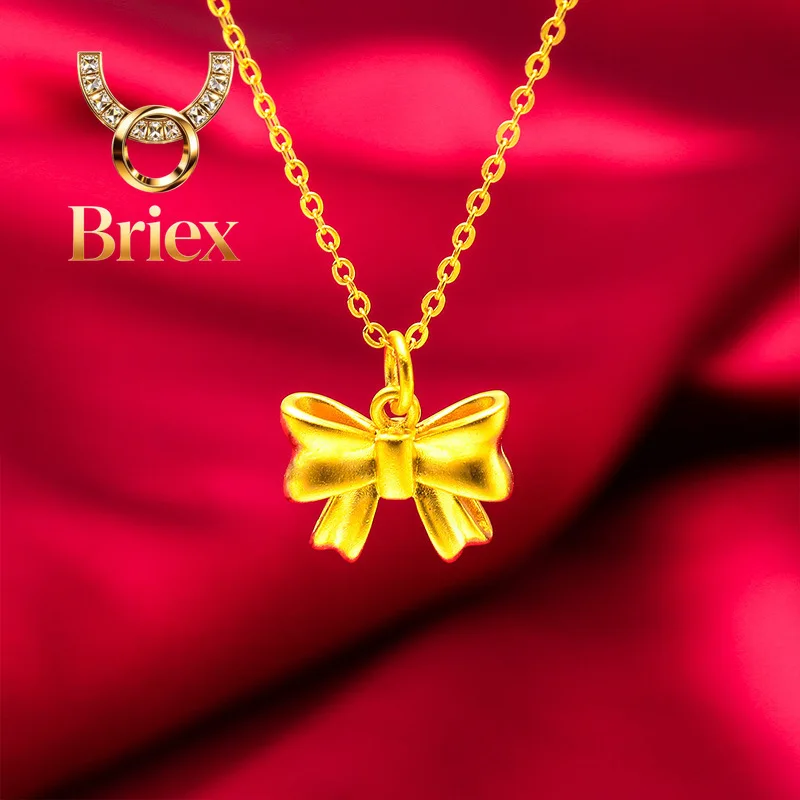 Briex Jewelry 24K Gold Bowknot Women's Necklace, AU999 Pure Gold - Vietnam Chain Style, Bowknot Texture + Sand Gold Refraction