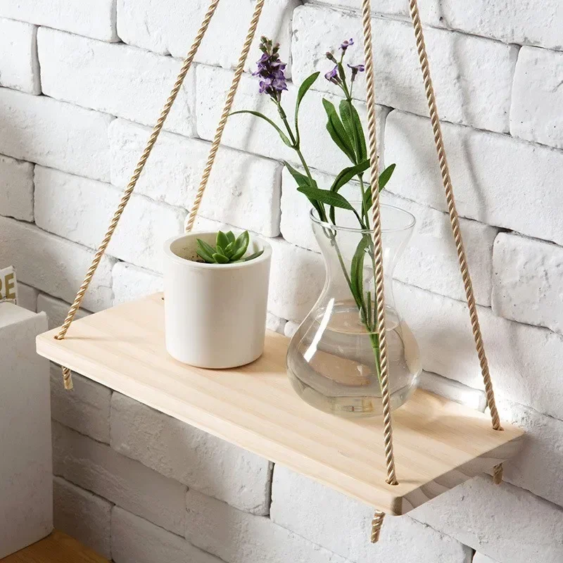 Wooden Rope Swing Wall Hanging Plant Flower Pot Tray Mounted Floating Wall Shelves Nordic Home Decoration Mored Simple Design