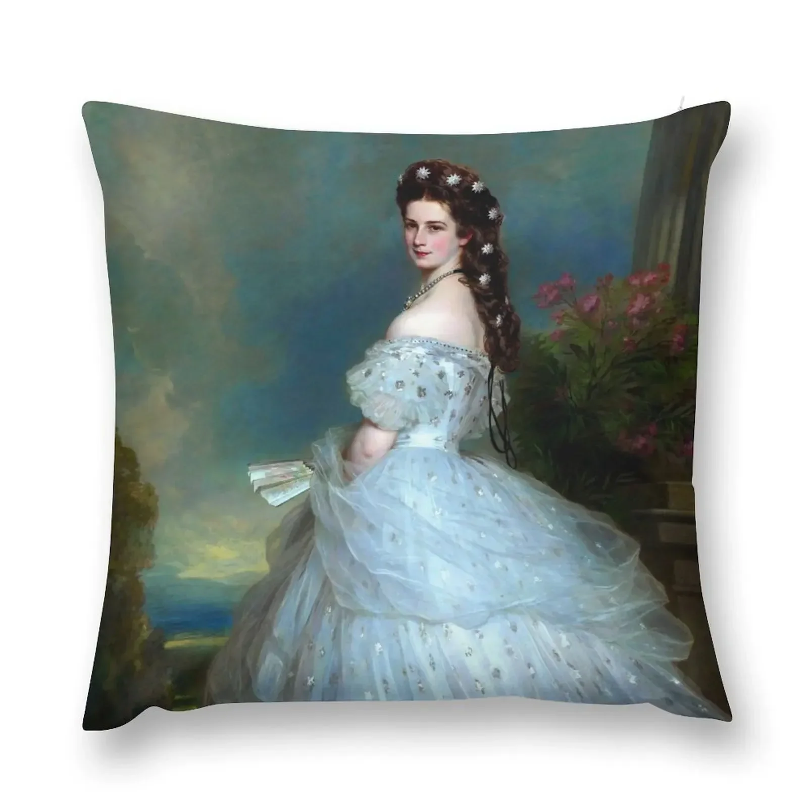 Portrait Of Empress Elisabeth of Austria by Franz Xaver Winterhalter-The Bavarian Rose — Empress Sissi. Ceremonial Throw Pillow