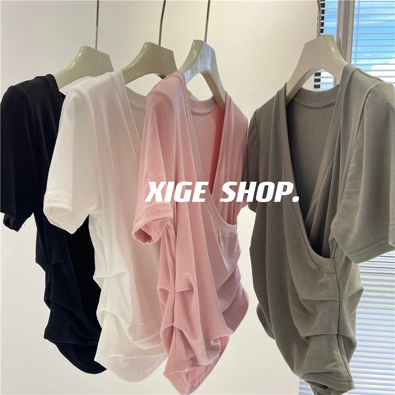 

plus Size 300 Pounds Cross V-neck Design Pure Desire Short Sleeve T-shirt Women Short Style Slimming Top Summer Fashion