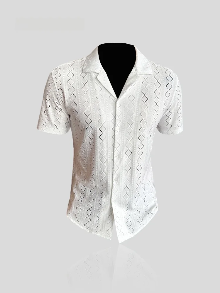 

I.T Cuban Collar Ice Silk Short Sleeve Men's Shirt Breathable Hollow out Lace Embroidery Thin Fashionable Summer Shirt