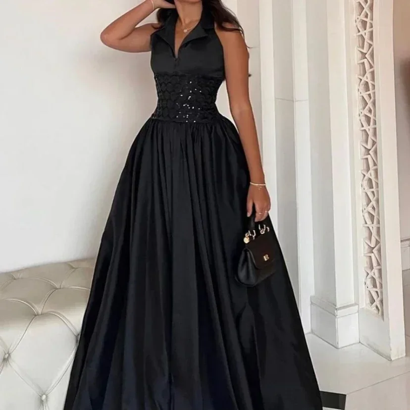 

Customized Sparkle Halter Ball Gown Cocktail Party Sequin Fold Draped Satin Prom Dresses Women Wedding Eveningفساتين نسائيه سهر