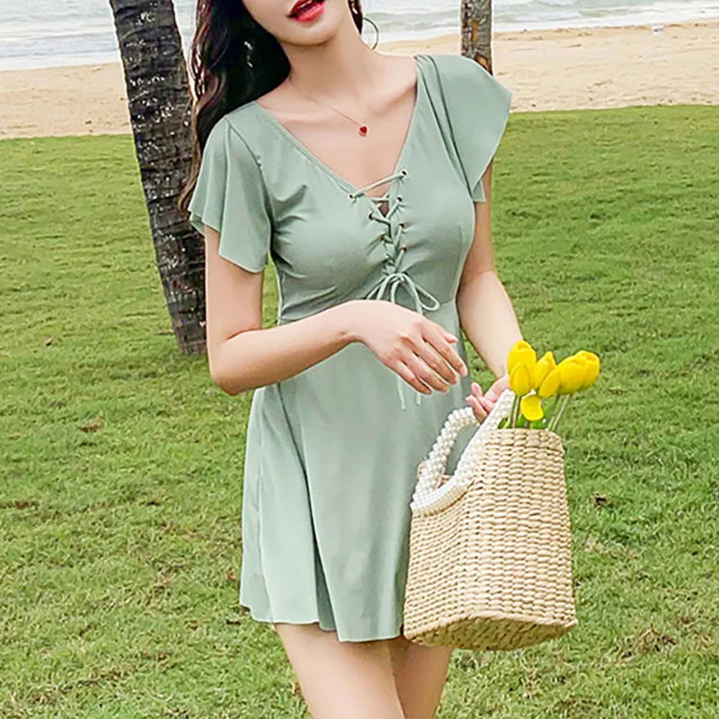 2023 New Summer Leisure Vacation V-Neck Lace Up Chest Strap Cushion Gathered Stylish Conservative Belly Covering Swimming Dress