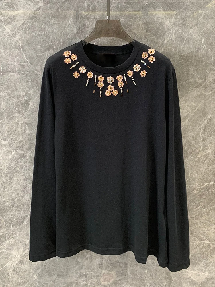 

Heavy craft beaded sequin flower round neck long sleeve T 2024 autumn women's new fashion all-match straight tube knit pullover