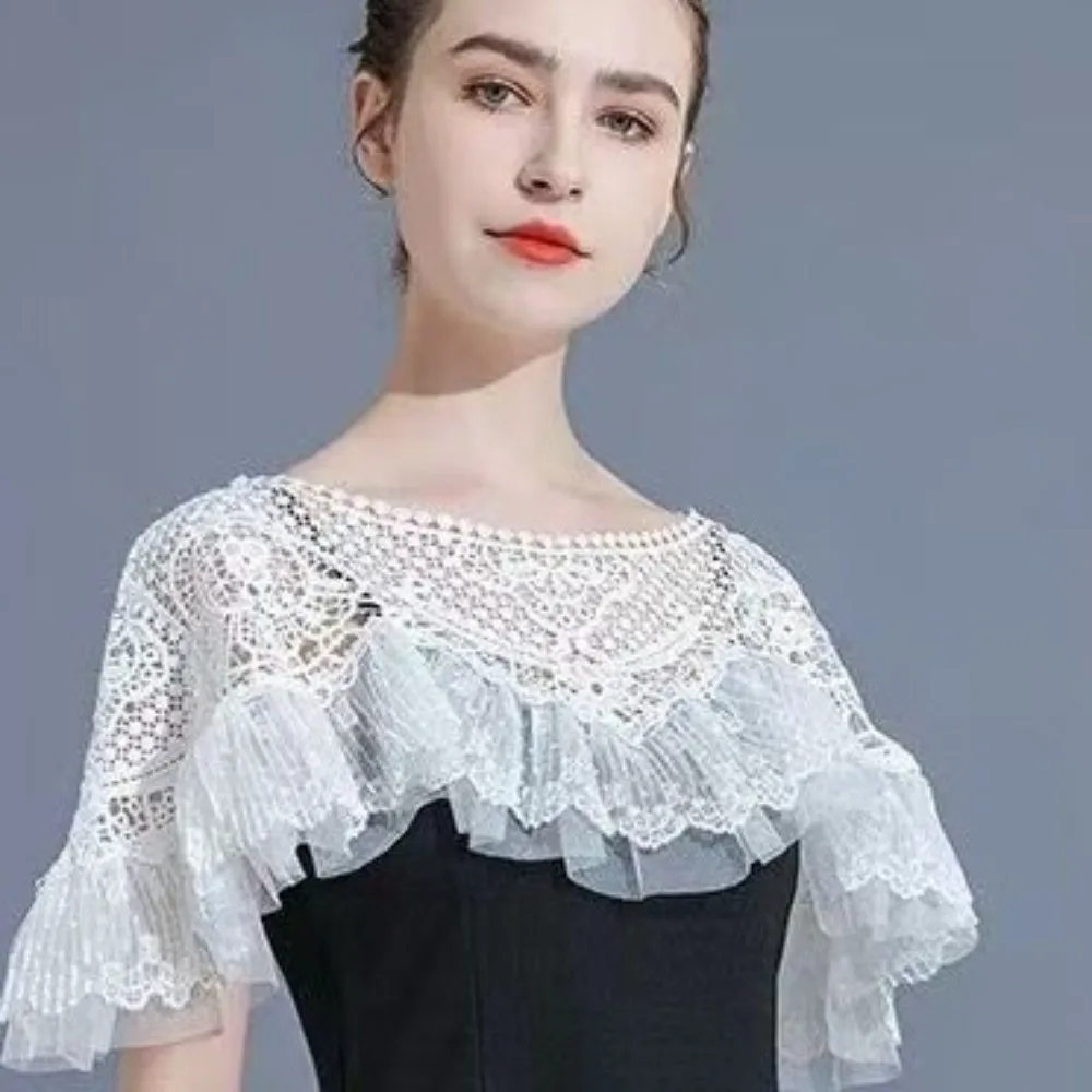 

Elegant Vintage Cheongsam Crochet Tippet Lace Mesh Trim Hollow-Out Shawl Black Ruffle Shawl Cape Coat Summer Sun Protection