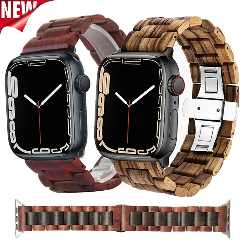 Wooden Watchband For Apple Watch Series 7 6 5 43 SE For iWatch 38mm 40mm 44mm 42mm 41mm 45mm Retro Bamboo Handmade Wood Bracelet