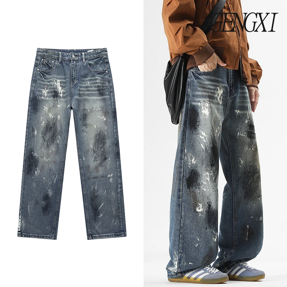 

Высокие джинсы в американском стиле, потертые и потертые, с деталями граффити. Новые прямые джинсы Y2K в стиле уличной одежды.