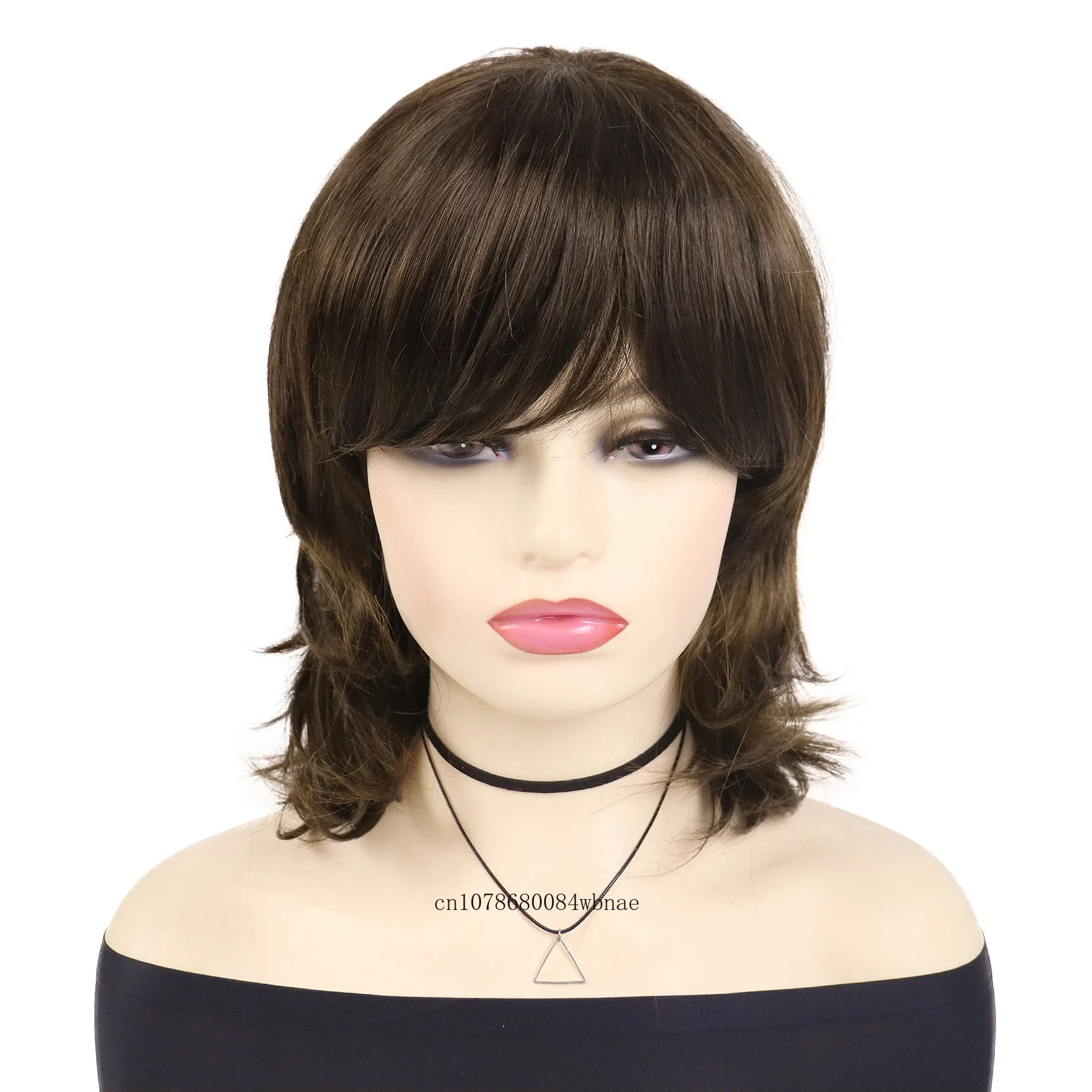 Natural Brown Wigs Synthetic Medium Length Straight Mullet Wig with Bangs for Women High Temperature Fiber Daily Party Casual