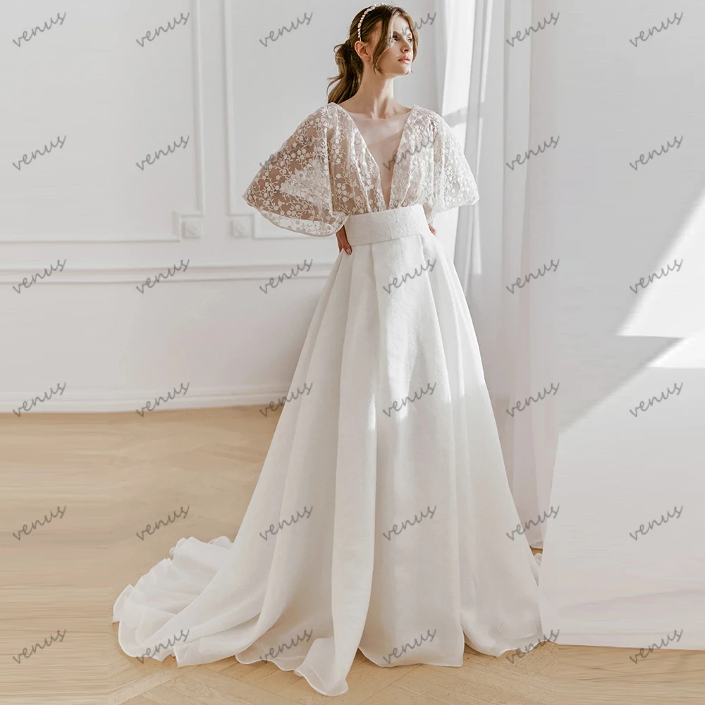 

Очаровательные свадебные платья Атласные свадебные платья трапециевидной формы Кружевные многоярусные халаты с расклешенными рукавами Гламурные платья Vestidos De Novia по индивидуальному заказу 2025