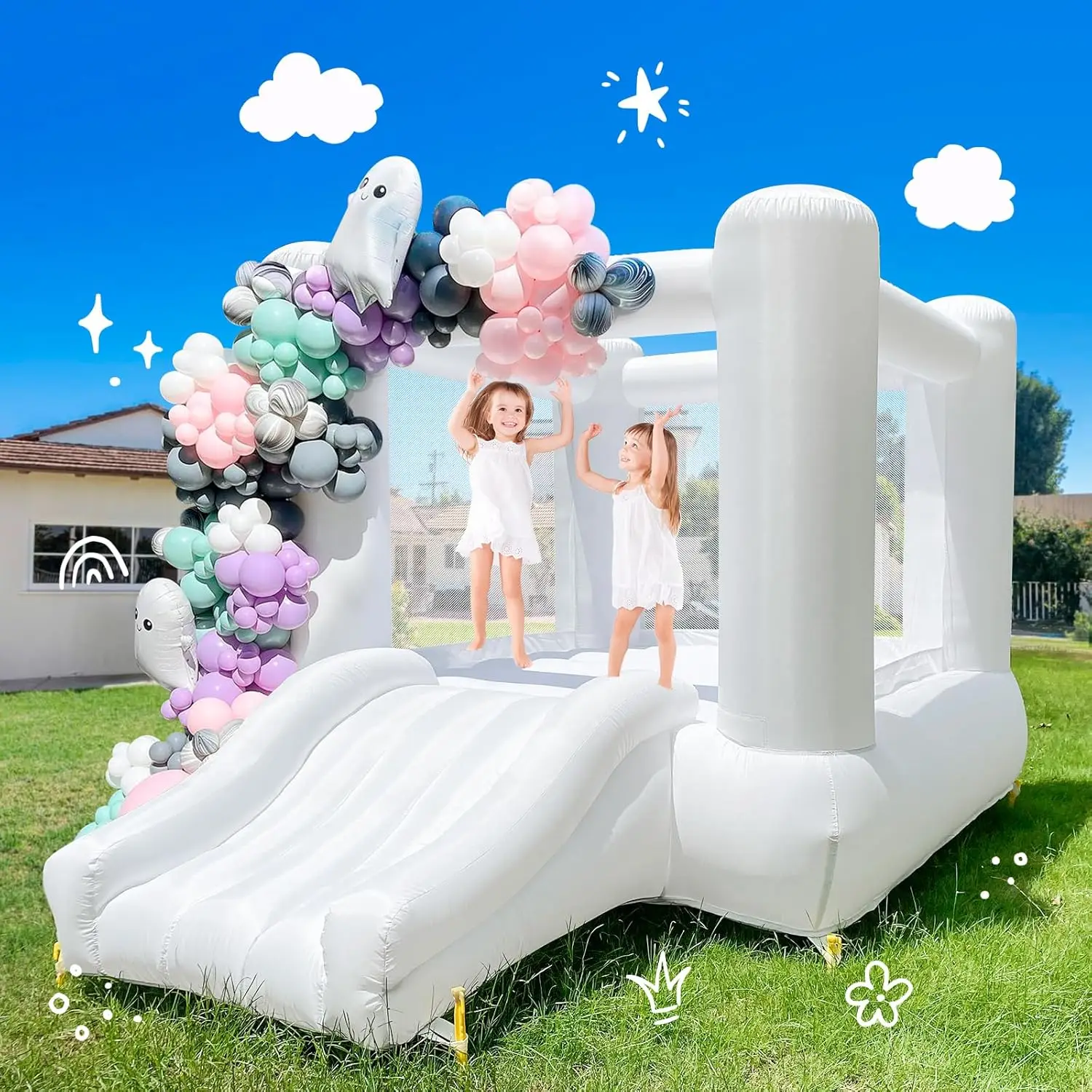 Maison gonflable blanche de rebond à dessus plat de 9x7x6 pieds pour fête des tout-petits avec château gonflable Oxford coulissant comprenant un souffleur (sans bâche)